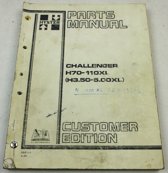 Hyster Challenger H70-110XL H3.50-5.00XL Fork Lift Parts List 4/1986