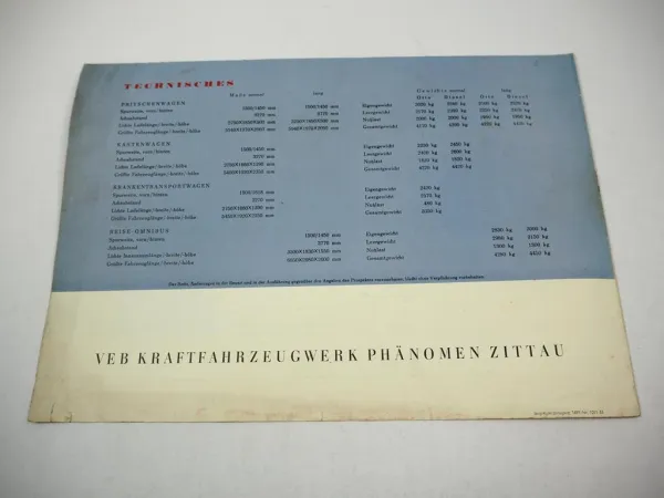 IFA Phänomen Granit Kraftfahrzeug LKW Prospekt Technische Daten 1953