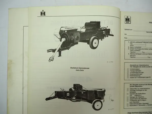 IHC 422 Hochdruck Sammelpresse Ballenpresse Betriebsanleitung Wartung 1973