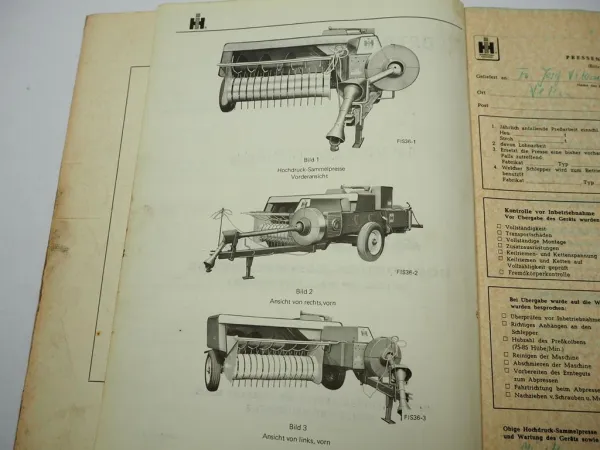 IHC 430 440 Hochdruck Sammelpresse Pick Up Ballenpresse Betriebsanleitung 1972
