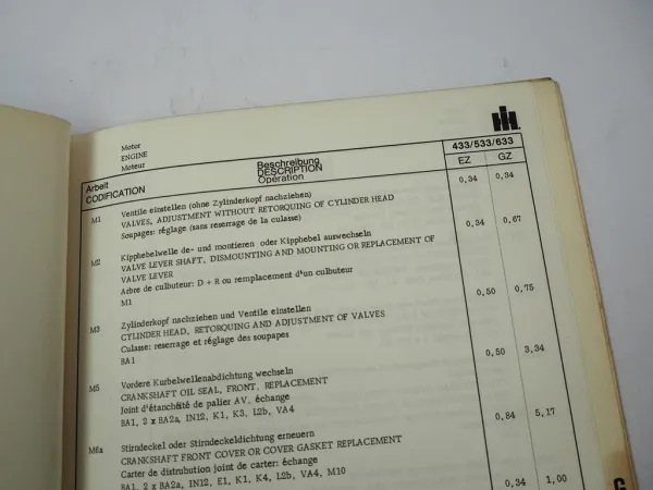 IHC 433 533 633 Dieselschlepper Richtzeitenliste Arbeitszeitwerte 1975
