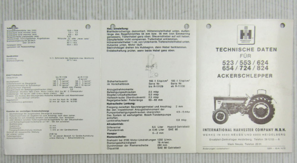IHC 523 553 624 654 724 824 Technische Daten Ackerschlepper Mc Cormick 10/1972