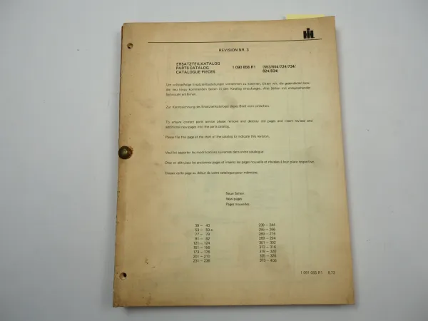 IHC 553 654 724 734 824 834 Traktor Ersatzteilliste Ergänzung Nr. 3 4 5 von 1973/74