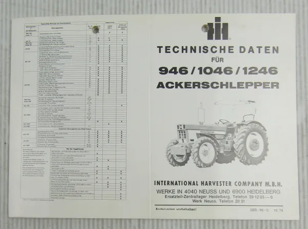IHC 946 1046 1246 Technische Daten Ackerschlepper Mc Cormick 10/1974