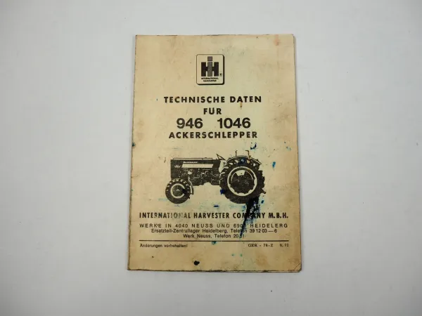 IHC 946 1046 Ackerschlepper Technische Daten Faltblatt Mc Cormick 1971