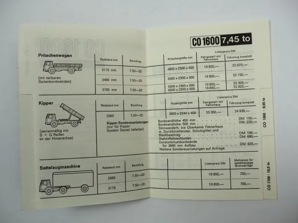 IHC CO 1600 1700 Lastwagen LKW Preisliste 1965