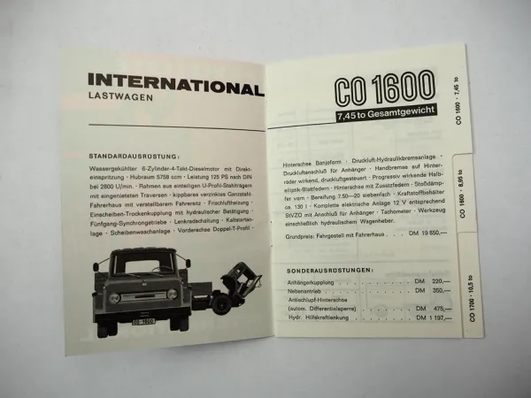 IHC CO 1600 1700 LKW Pritschenwagen Kipper Sattelzug Preisliste 1965
