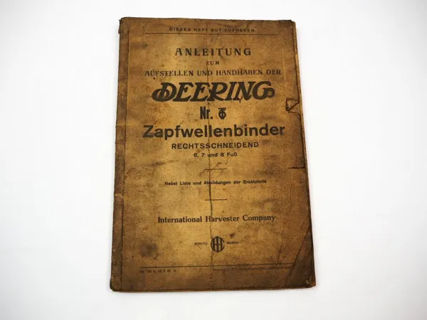IHC Deering 6T Zapfwellenbinder Betriebsanleitung Ersatzteilliste 1937