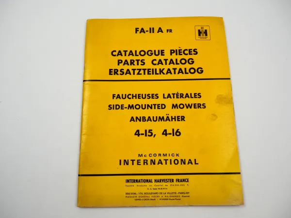 IHC Mc Cormick 323 624 Ersatzteilliste für 4-15 4-16 Anbaumäher 1971