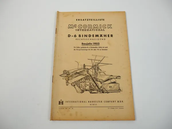 IHC Mc Cormick D-6 Bindemäher Ersatzteilliste 1952