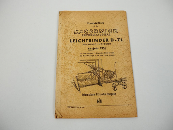 IHC Mc Cormick D-7L Leichtbinder Ersatzteilliste 1951