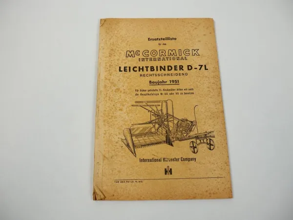 IHC Mc Cormick D-7L Leichtbinder Ersatzteilliste 1951