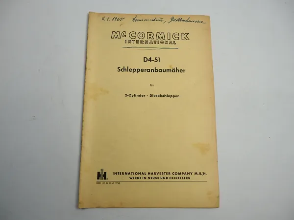 IHC Mc Cormick D4-51 Anbaumäher für 2 Zylinder Schlepper Betriebsanleitung 1963