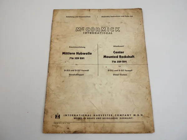 IHC Mc Cormick Mittlere Hubwelle 716329 R91 Bedienungsanleitung Ersatzteilliste