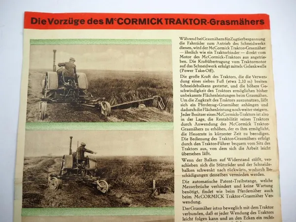 IHC Mc Cormick Traktor Grasmäher Prospekt ca. 1929
