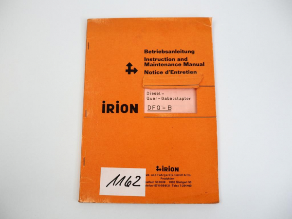 Irion DFQ-B Diesel-Quer-Gabelstapler Betriebsanleitung 1978