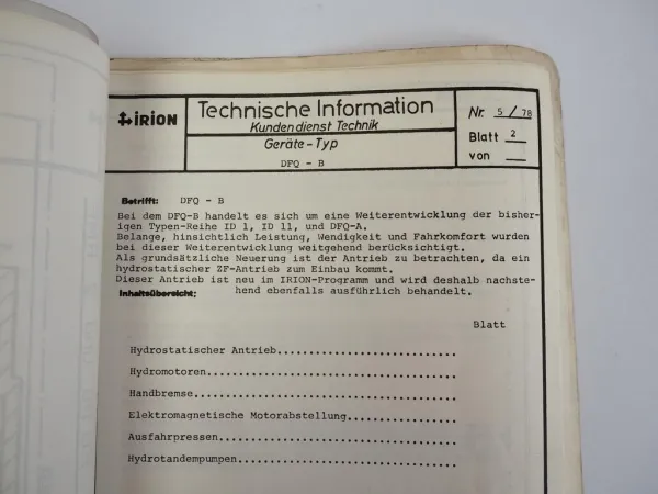 Irion DFQ-B Gabelstapler Kundendienst-Anleitung Hydrostatischer Antrieb 1978