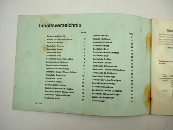 Isaria 6000 6050 Drillmaschine Saattabellen Handbuch 1988