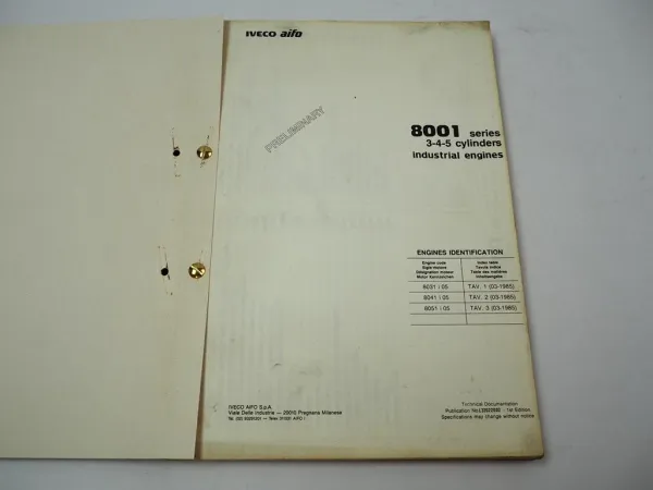 Iveco Aifo 8001 series 8031 8041 8051 Motor Werkstatthandbuch Workshop Manual
