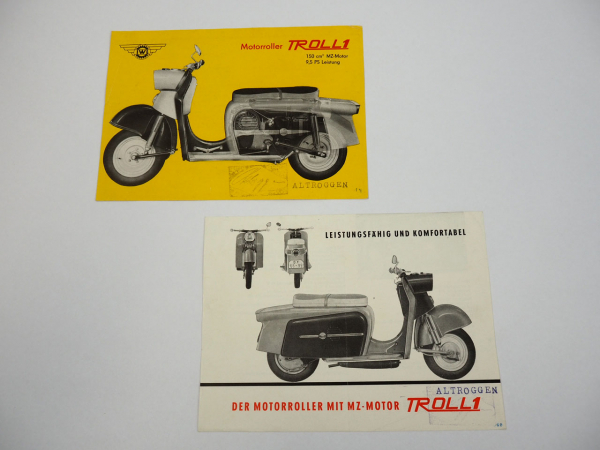 IWL Troll1 Motorroller mit 150 ccm MZ Motor 9,5 PS 2x Prospekt 1960er Jahre DDR