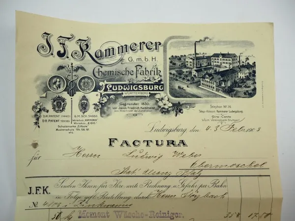 J. F. Kammerer GmbH Chemische Fabrik Ludwigsburg Rechnung 4.Febr. 1903