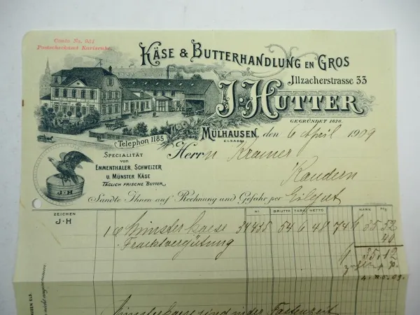 J. Hutter Käse & Butterhandlung Mülhausen Elsass Rechnung 1909