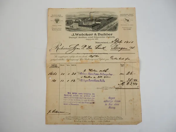 J. Welcker u. Buhler Seifen Glycerin Fabrik Neuwied Rechnung 1918