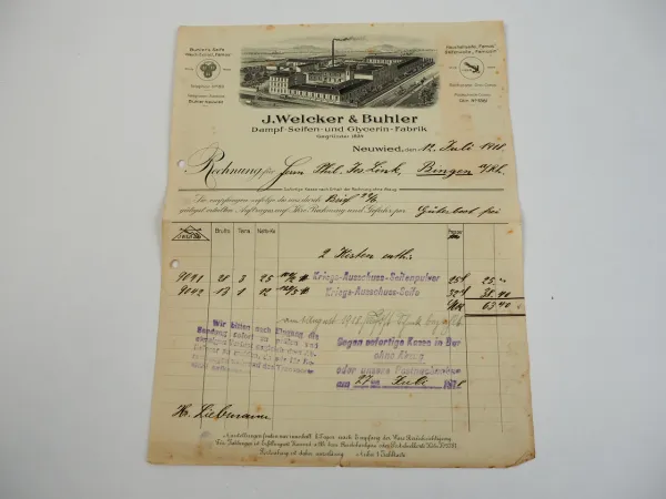 J. Welcker u. Buhler Seifen Glycerin Fabrik Neuwied Rechnung 1918
