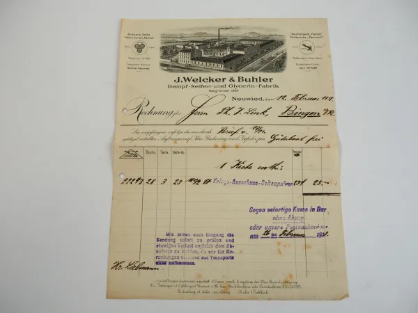 J. Welcker u. Buhler Seifen Glycerin Fabrik Neuwied Rechnung 1918