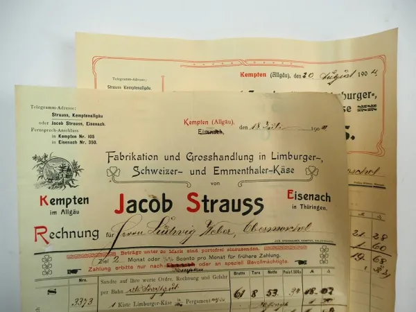 Jacob Strauss Fabrikation Grosshandlung Käse Kempten Allgäu 2x Rechnung 1904