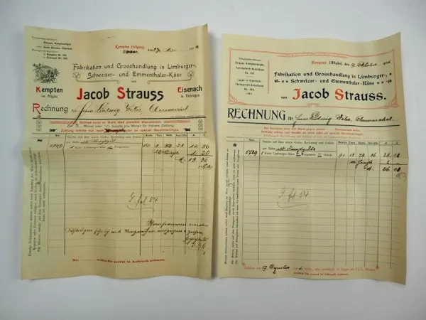 Jacob Strauss Fabrikation und Grosshandlung Käse Kempten Allgäu 2x Rechnung 1904