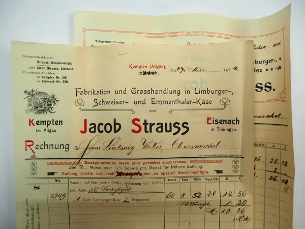 Jacob Strauss Fabrikation und Grosshandlung Käse Kempten Allgäu 2x Rechnung 1904