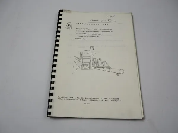 Jacoby Eurosuper TC 800 1000 Anbau Spritzgerät Betriebsanleitung Ersatzteilliste