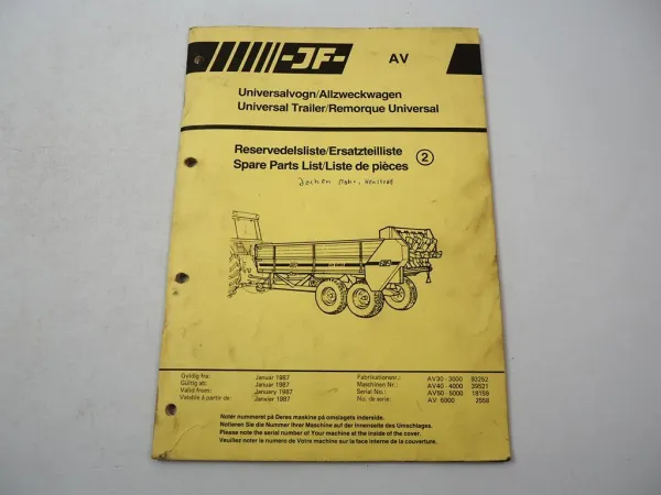 JF AV 30 40 50 6000 Allzweckwagen Ersatzteilliste Spare Parts List 1987