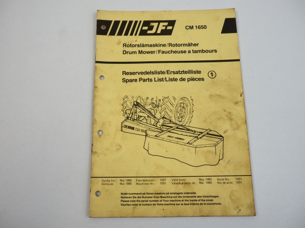 JF CM1650 Rotormäher Drum Mower Ersatzteilliste Spare Parts List 1985