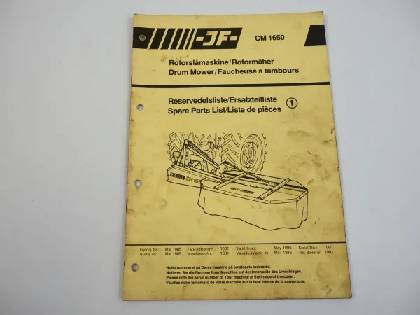 JF CM1650 Rotormäher Drum Mower Ersatzteilliste Spare Parts List 1985