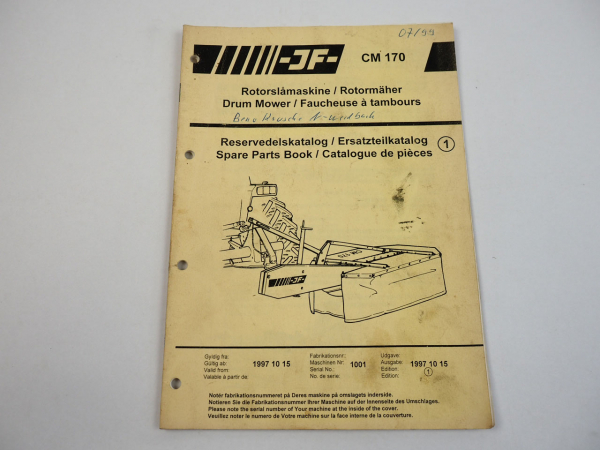 JF CM170 Rotormäher Drum Mower Ersatzteilliste Spare Parts List 1997