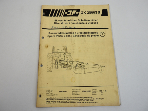 JF GX2800SB Scheibenmäher Disc Mower Ersatzteilkatalog Spare Parts Book 1998