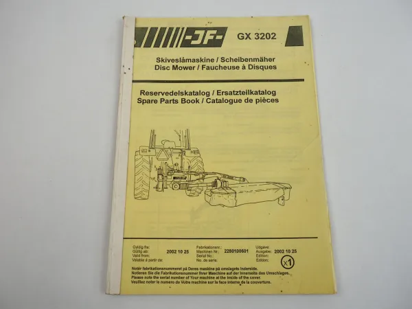 JF GX3202 Scheibenmäher Disc Mower Ersatzteilkatalog Spare Parts Book 2002