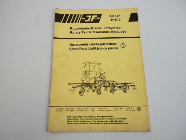 JF RV410 RV510 Kreisel Zettwender Tedder Ersatzteilkatalog Spare Parts List 1985