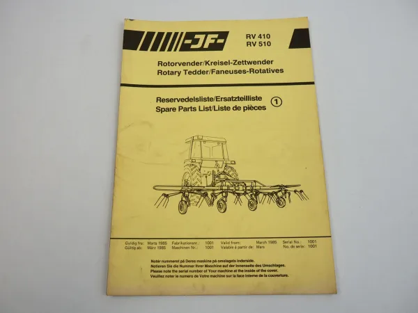 JF RV410 RV510 Kreisel Zettwender Tedder Ersatzteilkatalog Spare Parts List 1985