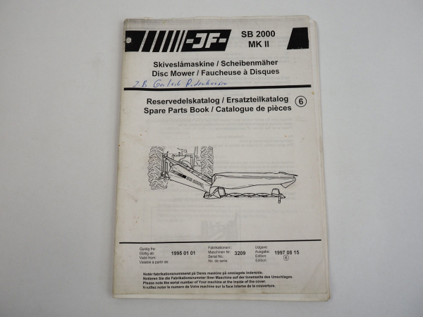 JF SB2000 MKII Scheibenmäher Disc Mower Ersatzteilkatalog Spare Parts Book 1997