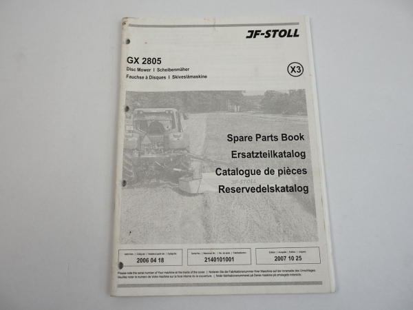 JF Stoll GX2805 Scheibenmäher Disc Mower Ersatzteilliste Spare Parts List 2007