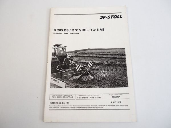 JF Stoll R 285 315 DS AS Schwader Ersatzteilliste Spare Parts List 2006