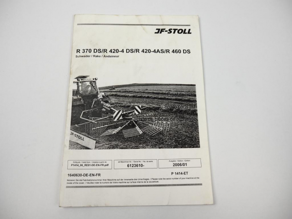 JF Stoll R 370 420-4 460 DS 420-4 AS Schwader Rake Ersatzteilliste Parts List