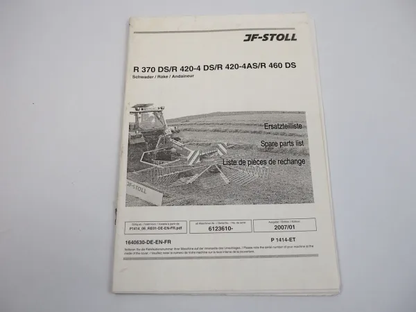 JF Stoll R 370 420-4 460 DS AS Schwader Ersatzteilliste Spare Parts List 2007