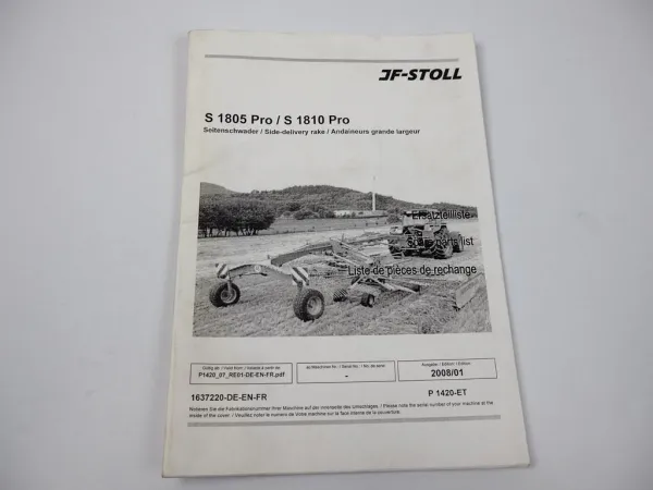 JF Stoll S 1805 1810 Pro Seitenschwader Ersatzteilliste Parts List 2008