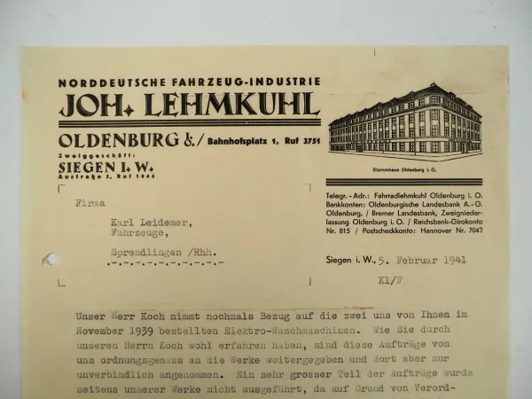Joh. Lehmkuhl Oldenburg Fahrradwerk Norddeutsche Fahrzeug Industrie Brief 1941
