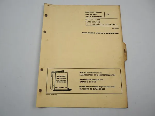 John Deere 24BE Einzelkorn Sägerät Planter Unit Ersatzteilliste Parts List 1966