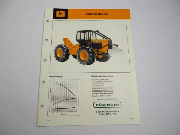 John Deere JD540-B Skidder Forst Schlepper Prospekt mit technischen Daten 1978
